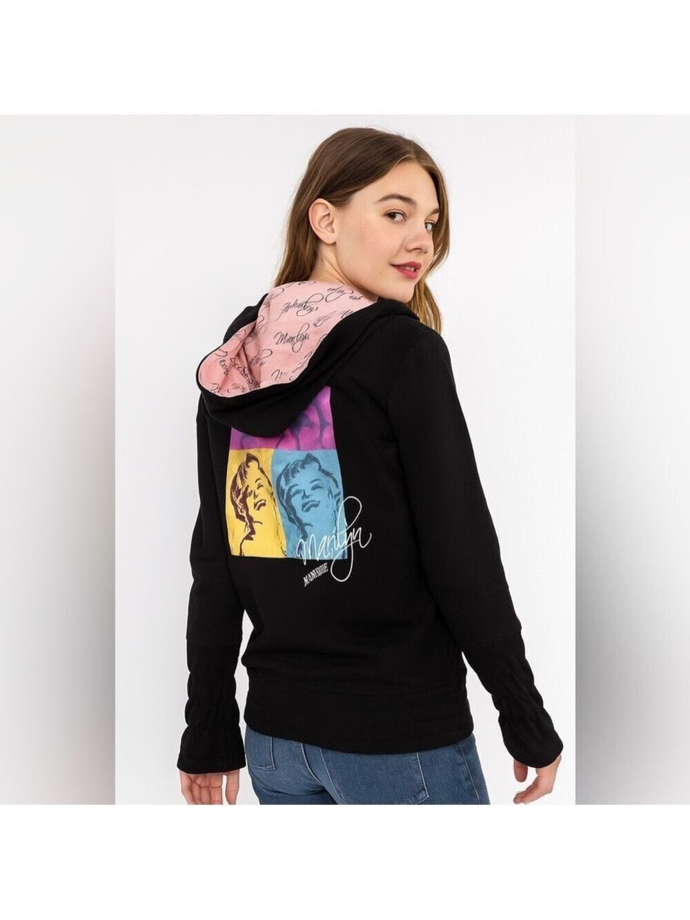 Marilyn Monroe Black Hoodie Pink Lining Pop Art Back Pullover Sz S